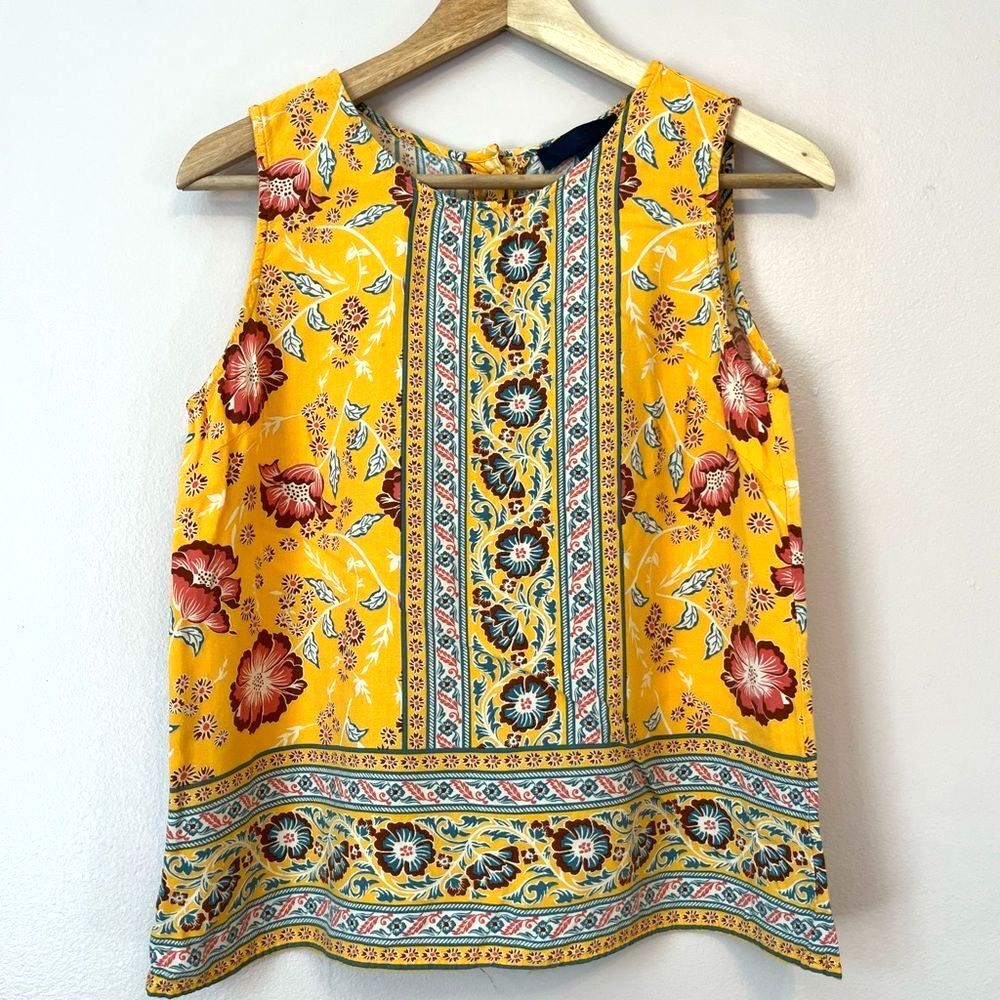 Rachel Roy Button Back Floral Print Sleeveless Tank Top XS Yellow Boho Summer